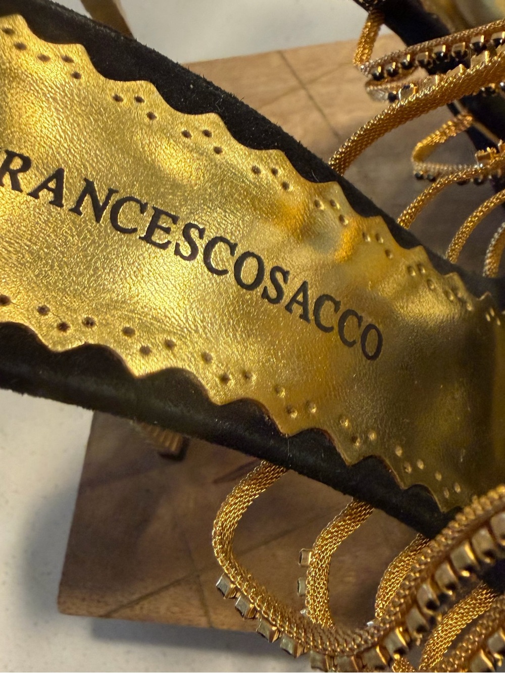 🔥RARE FIND! Frances Cosacco Black & Gold Crystal-Embellished Gold Stiletto Heels - Picture 5 of 12